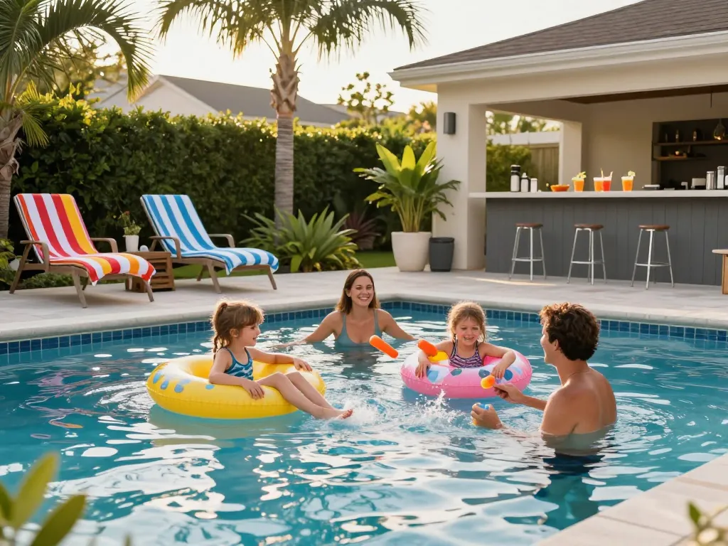 Dolphin Pool Services showcasing happy family enjoying a beautifully maintained pool during sunny day.