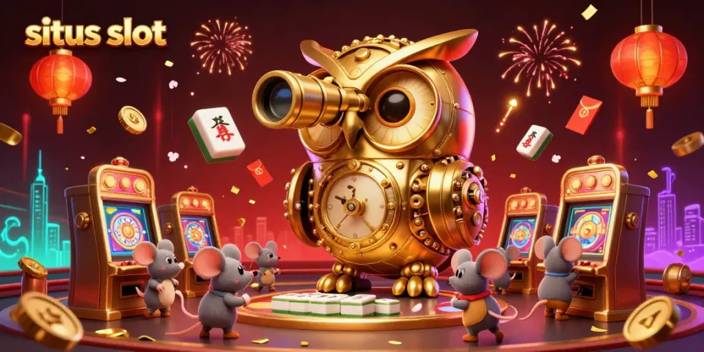 Experience excitement with situs slot, observing a clockwork golden owl amidst vibrant casino elements.