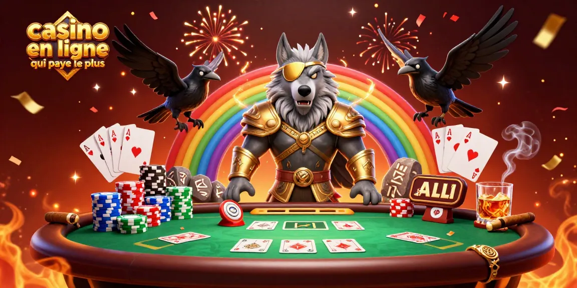 Visualiser une scène unique de casino en ligne qui paye le plus avec Odin et ses corbeaux au milieu de jetons et de cartes de poker.