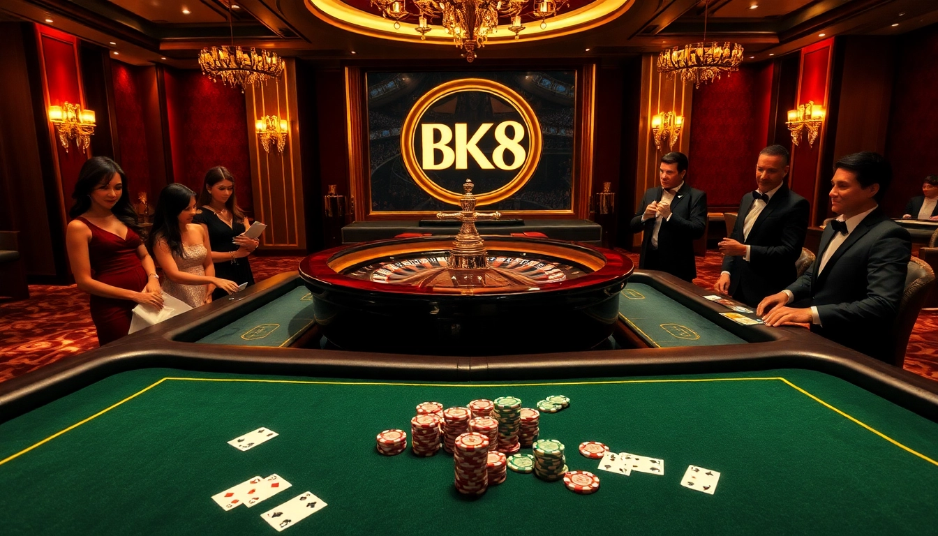 Exciting BK8 casino scene with roulette wheel, poker chips, and stylish players.