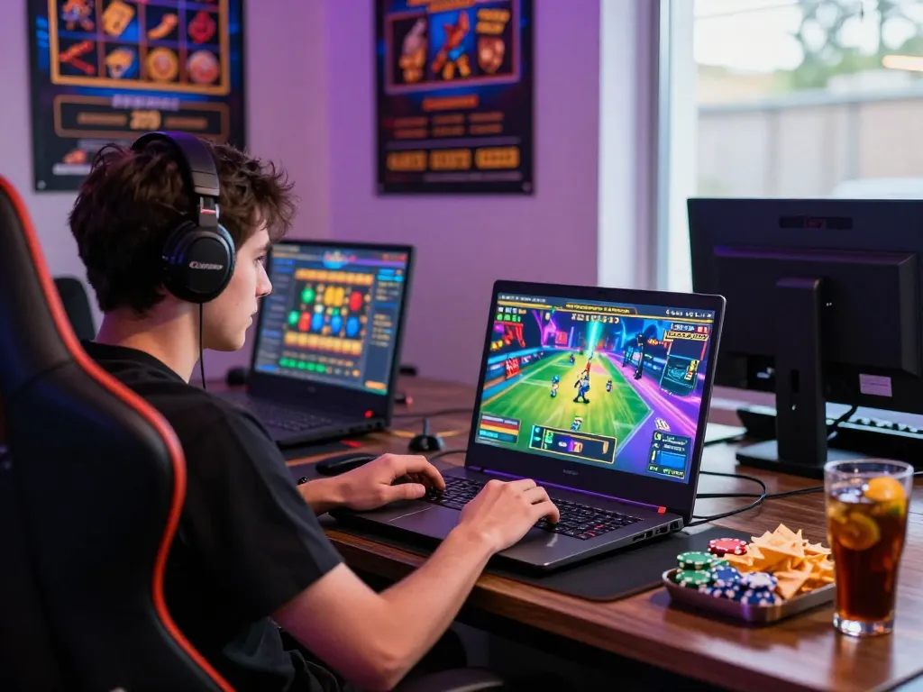 Momen permainan yang menarik menampilkan seorang pemain yang terlibat dalam slot online situs slot gacor, grafik berwarna menerangi adegan.