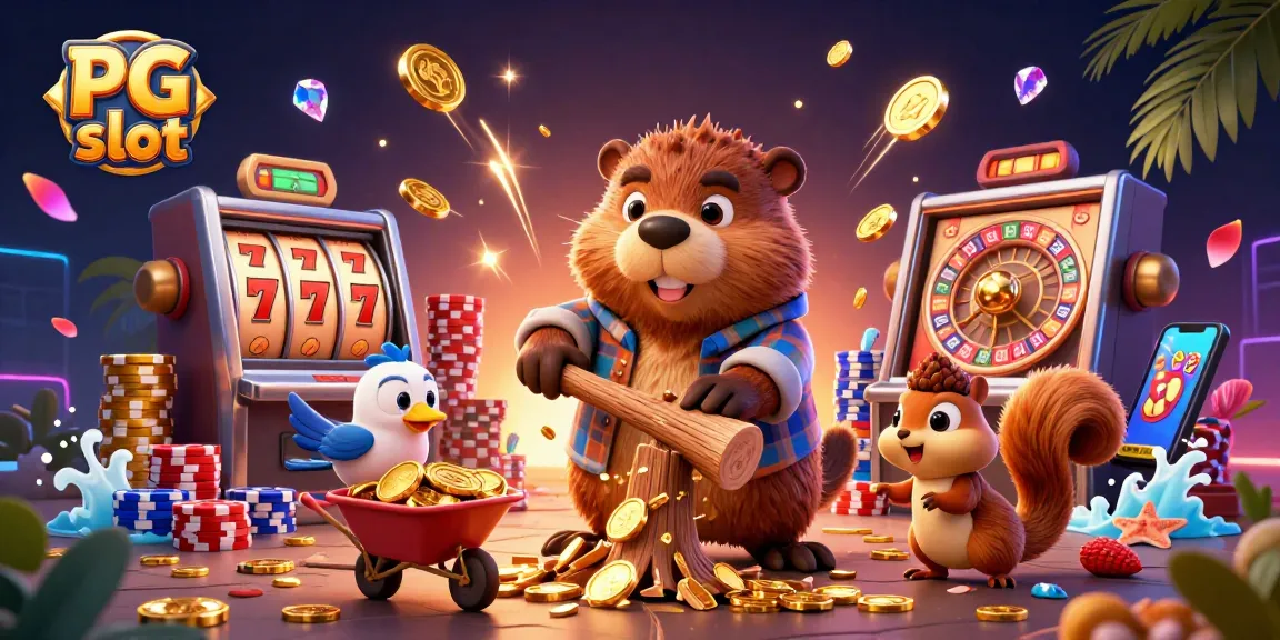Experience the thrill of PG slots with a beaver in action as golden coins rain down!