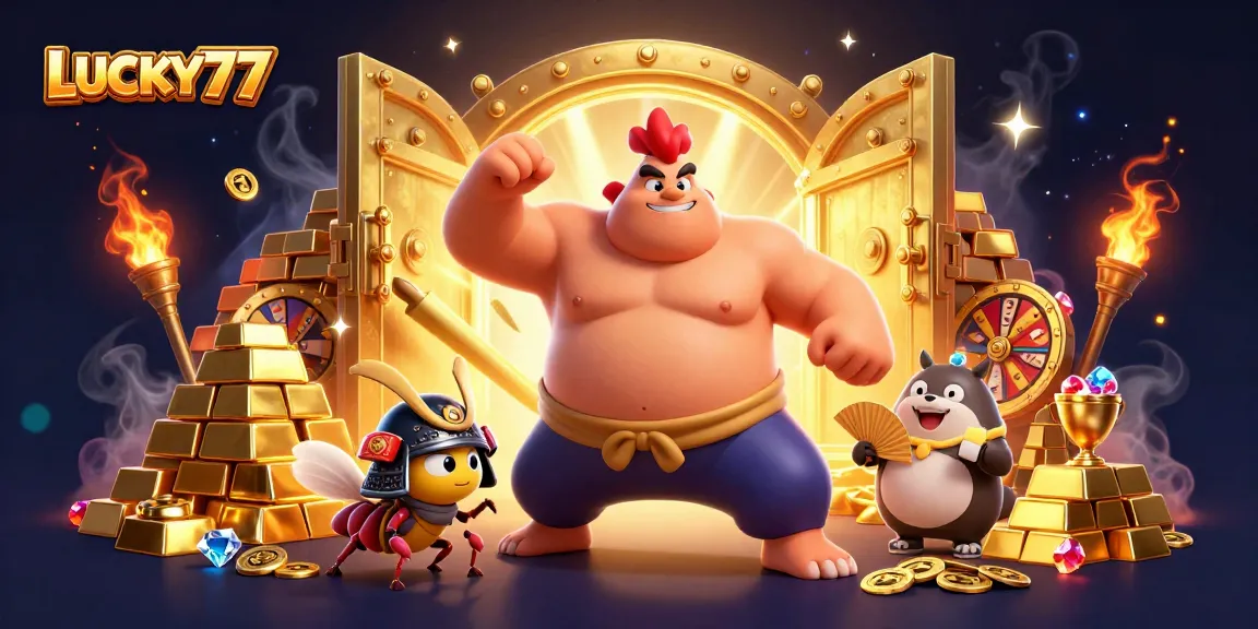 Elevate your gameplay with LUCKY77 in this vibrant casino scene filled with treasures.