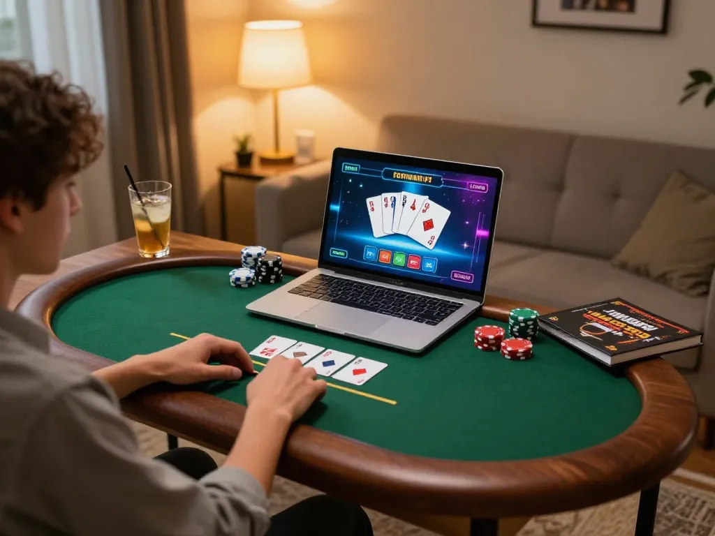 Playing online poker on 388bet in a cozy home atmosphere with strategy notes.