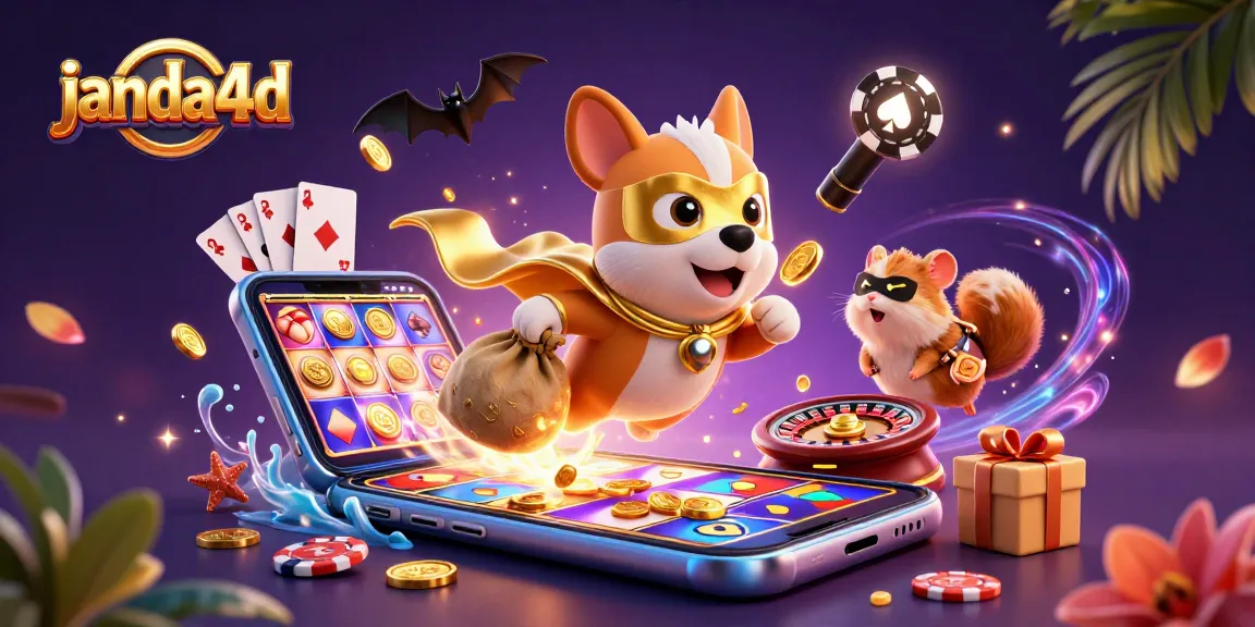 Gali koin emas di JANDA4D dengan permainan slot berwarna cerah dan karakter unik.