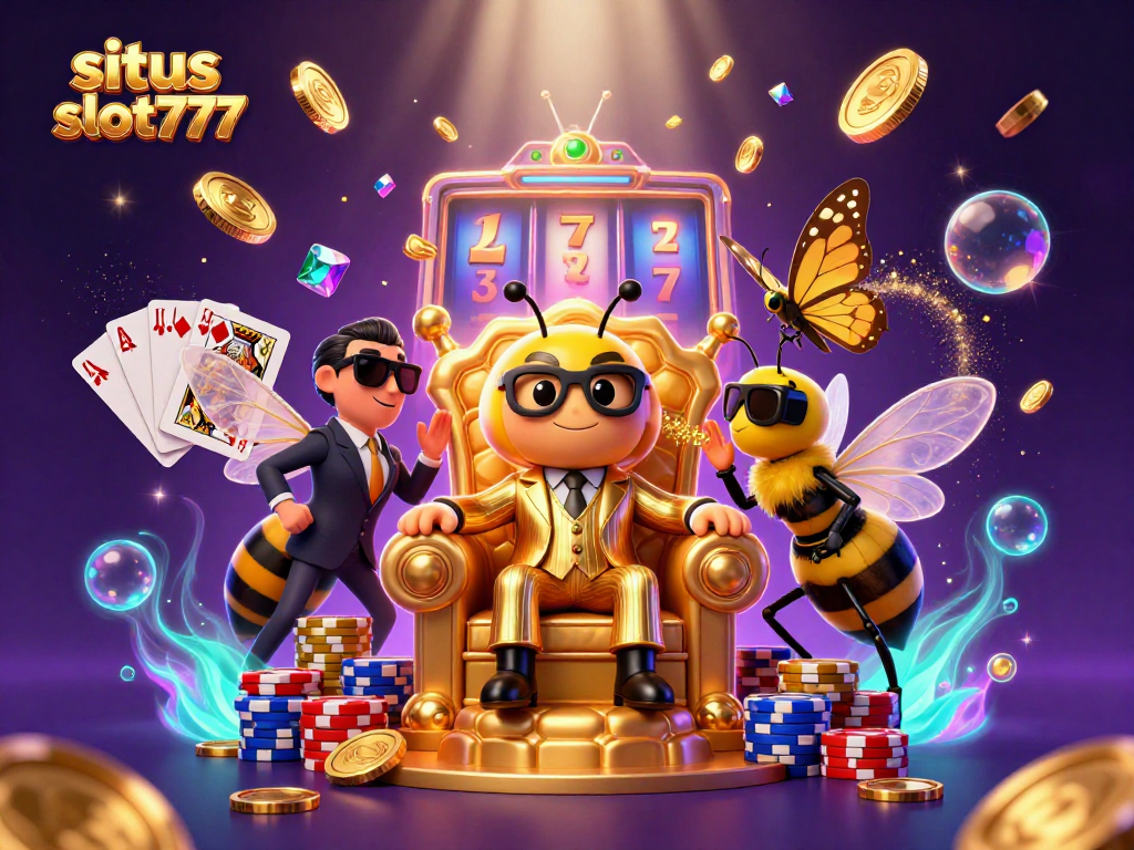 Experience excitement with situs slot777 and a vibrant illustration of a gambling scene featuring a mob boss and slot machine.