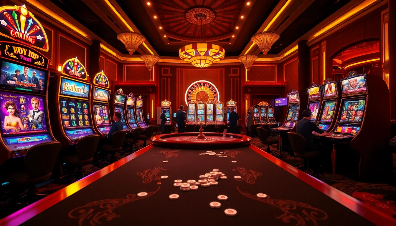 Engage with vibrant pg slot machines amid a luxurious casino atmosphere, showcasing exciting gameplay.