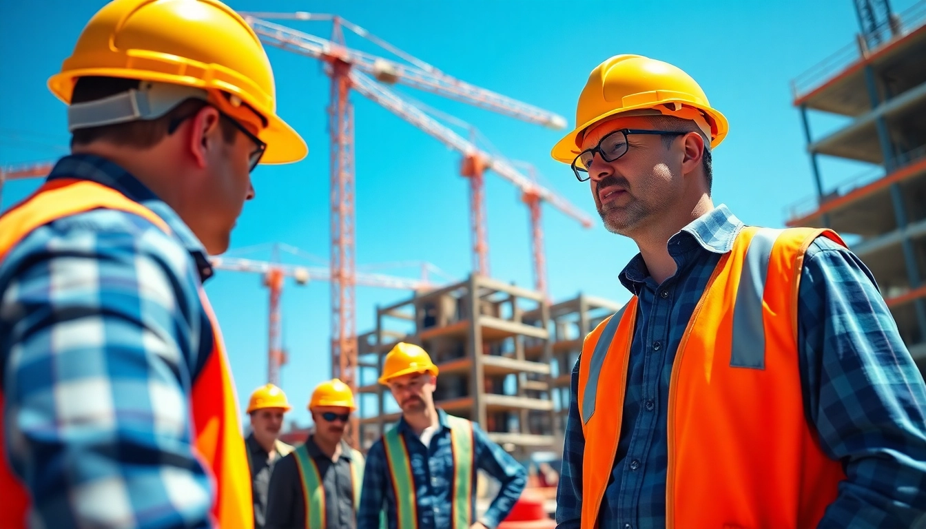 Construction manager directing a busy site in New Jersey, exemplifying leadership and teamwork.