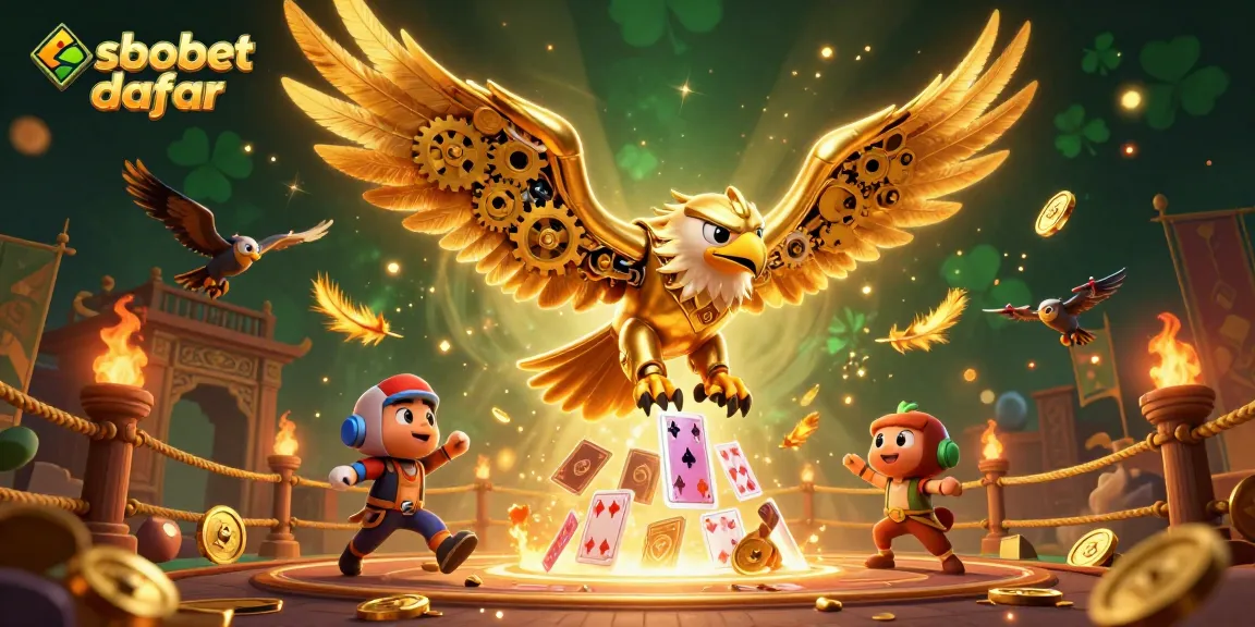 Bet on sbobet daftar with a 3D golden eagle soaring through holographic cards in a vibrant casino scene.