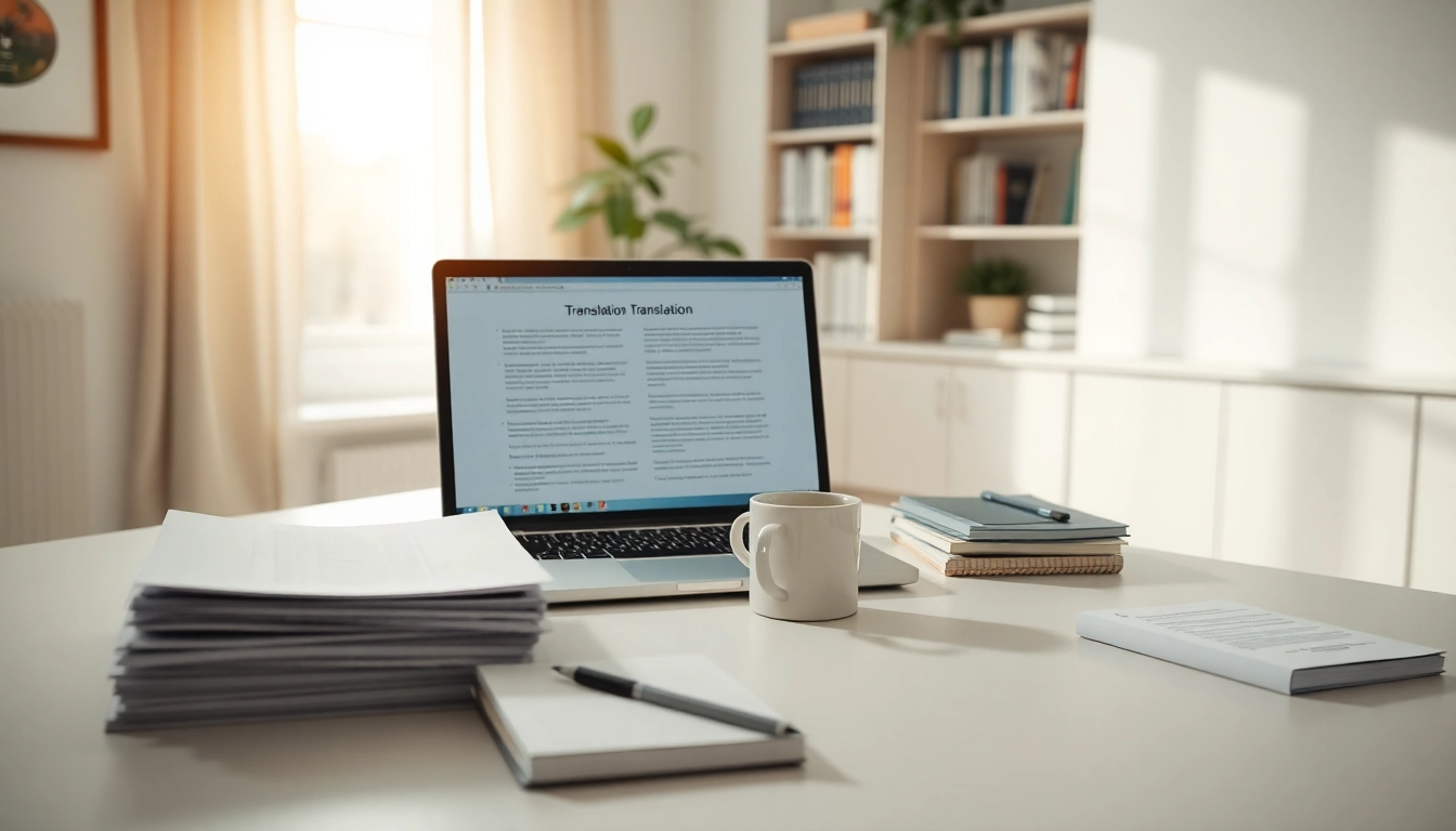 Tłumaczenie przysięgłe: A professional translator's workspace with documents, laptop, and books.