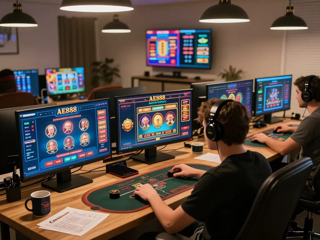 Engaging online gaming setup featuring AE888 casino games, showcasing live dealer interaction and strategy notes