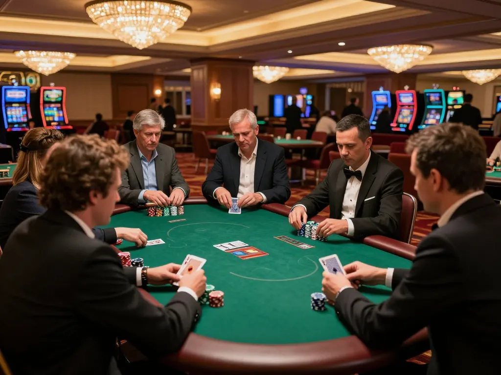 Players strategizing in an engaging poker game at 123b casino with colorful chips stacked on the table.
