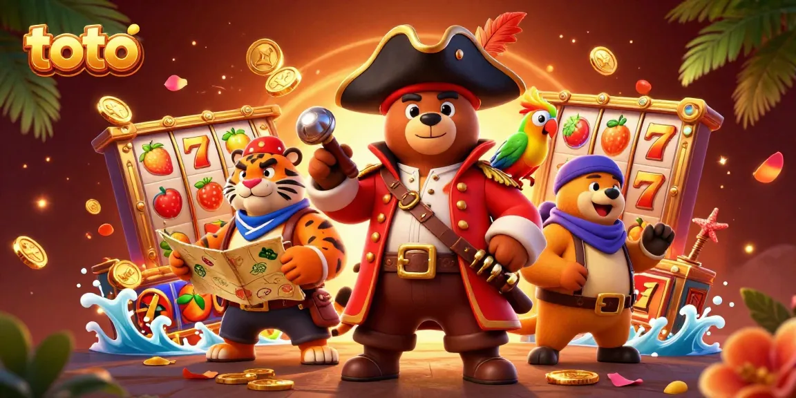 Jackpot excitement with toto slot reels and cartoon pirate characters in gaming atmosphere