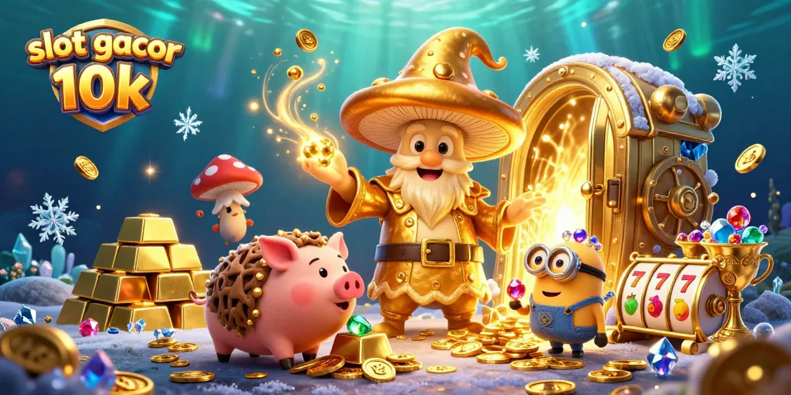 Spin to win with slot gacor 10k amidst a dazzling treasure scene overflowing with gold and gems.