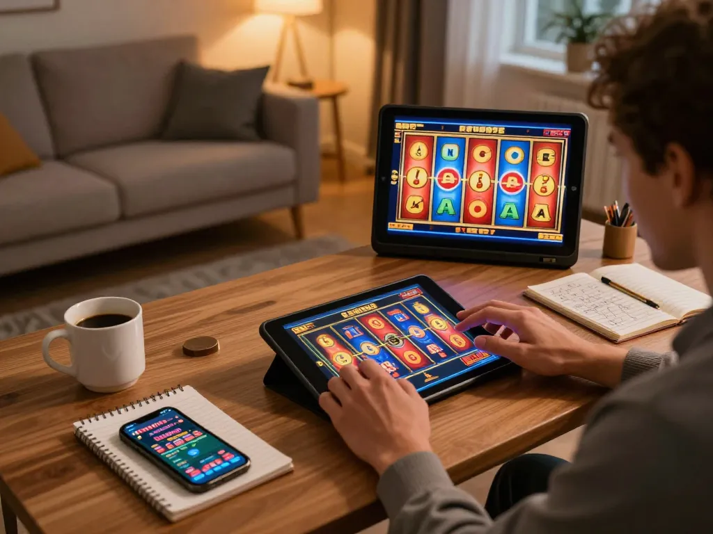 Engaging slot gameplay on a tablet in a cozy home, showcasing strategies and a vibrant gaming atmosphere.
