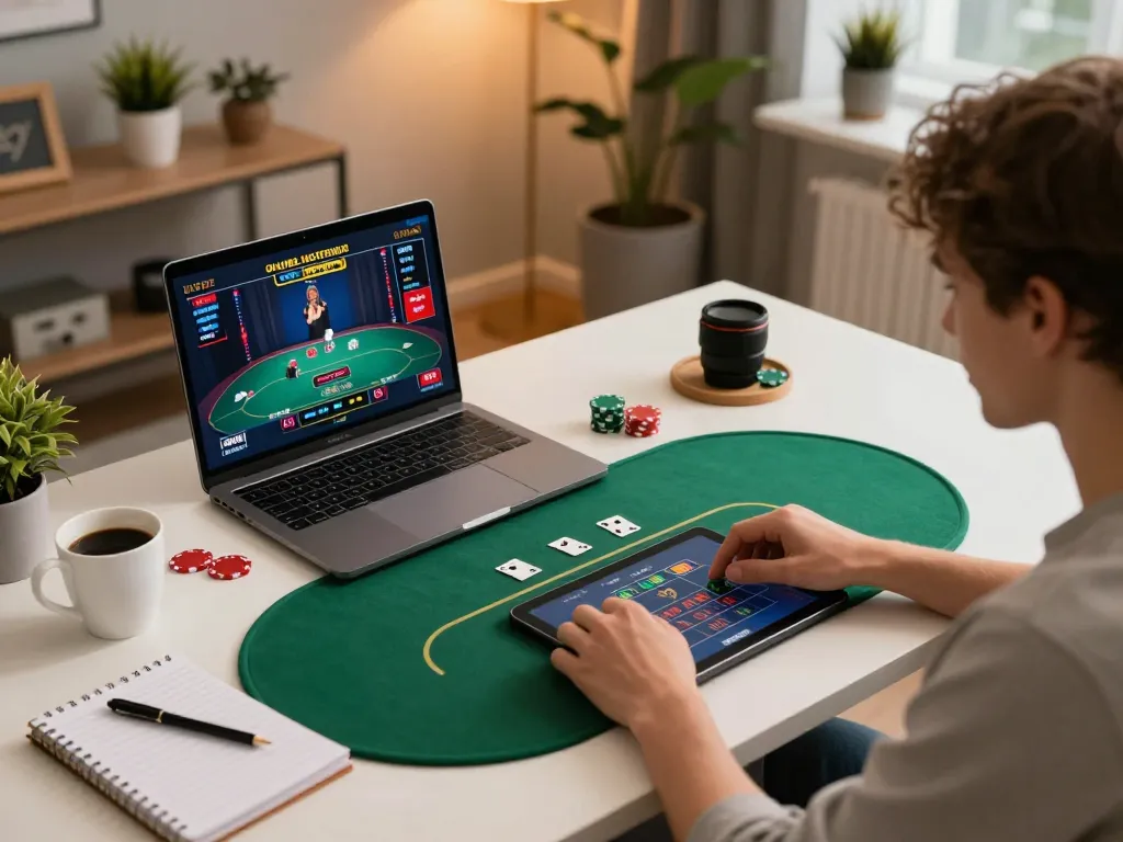 Engaging scene of a player enjoying online poker at TR88 with tablet and strategic notes.