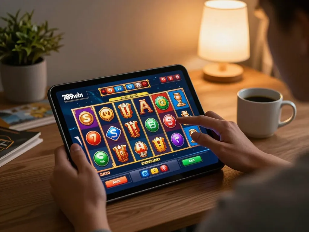 Engaging with 789win online slots on a tablet, showcasing vibrant gaming action