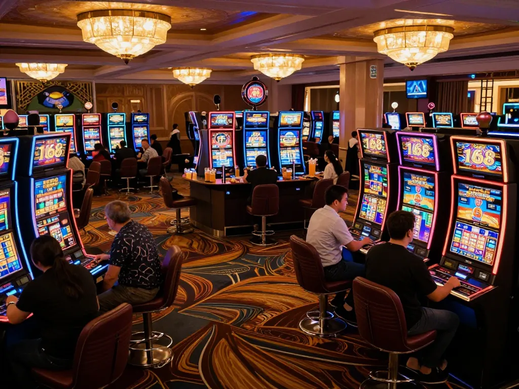 Players enjoying the vibrant f168slot experience at a busy casino, with colorful slot machines and warm ambient light.