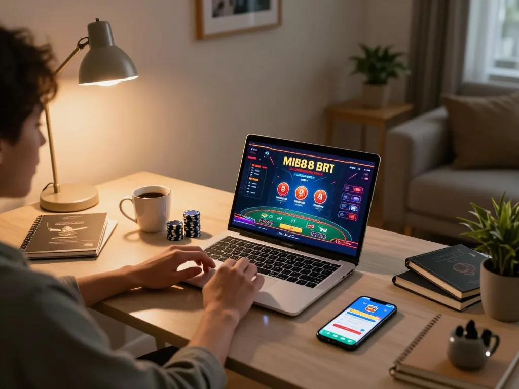 Player enjoying online blackjack at home using MB88 with vibrant casino interface and cozy lighting.