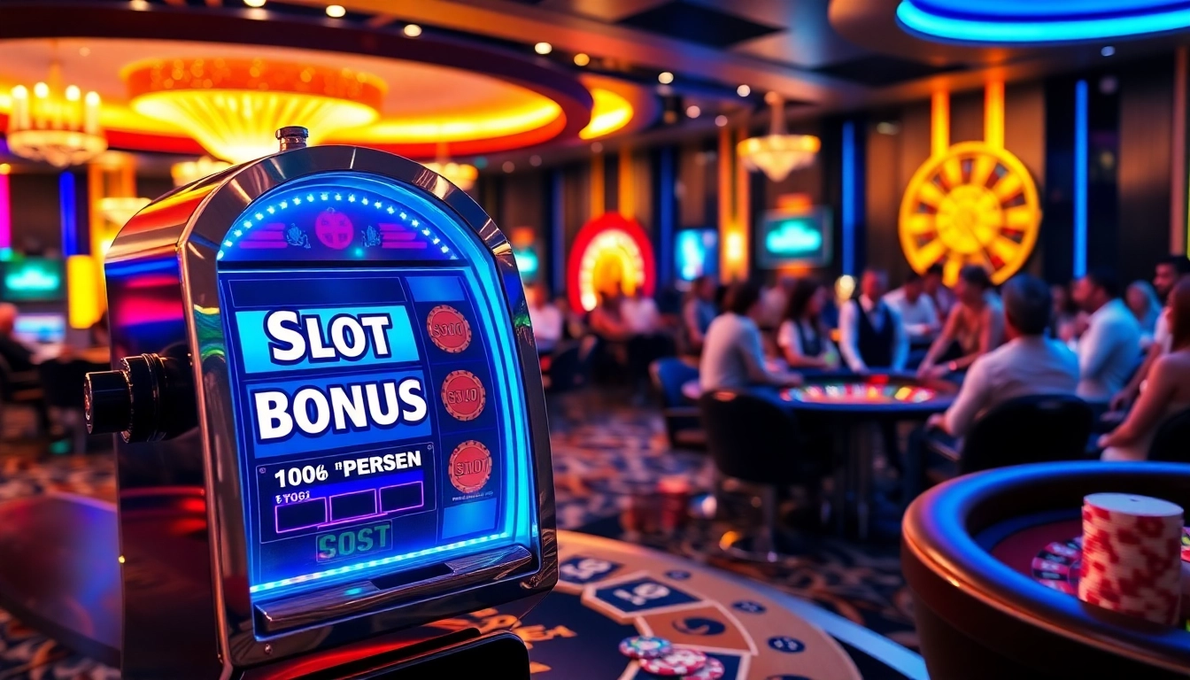 Rasakan sensasi kemenangan slot bonus 100 persen di kasino mewah, menampilkan permainan yang berwarna-warni dan pemain yang bahagia.