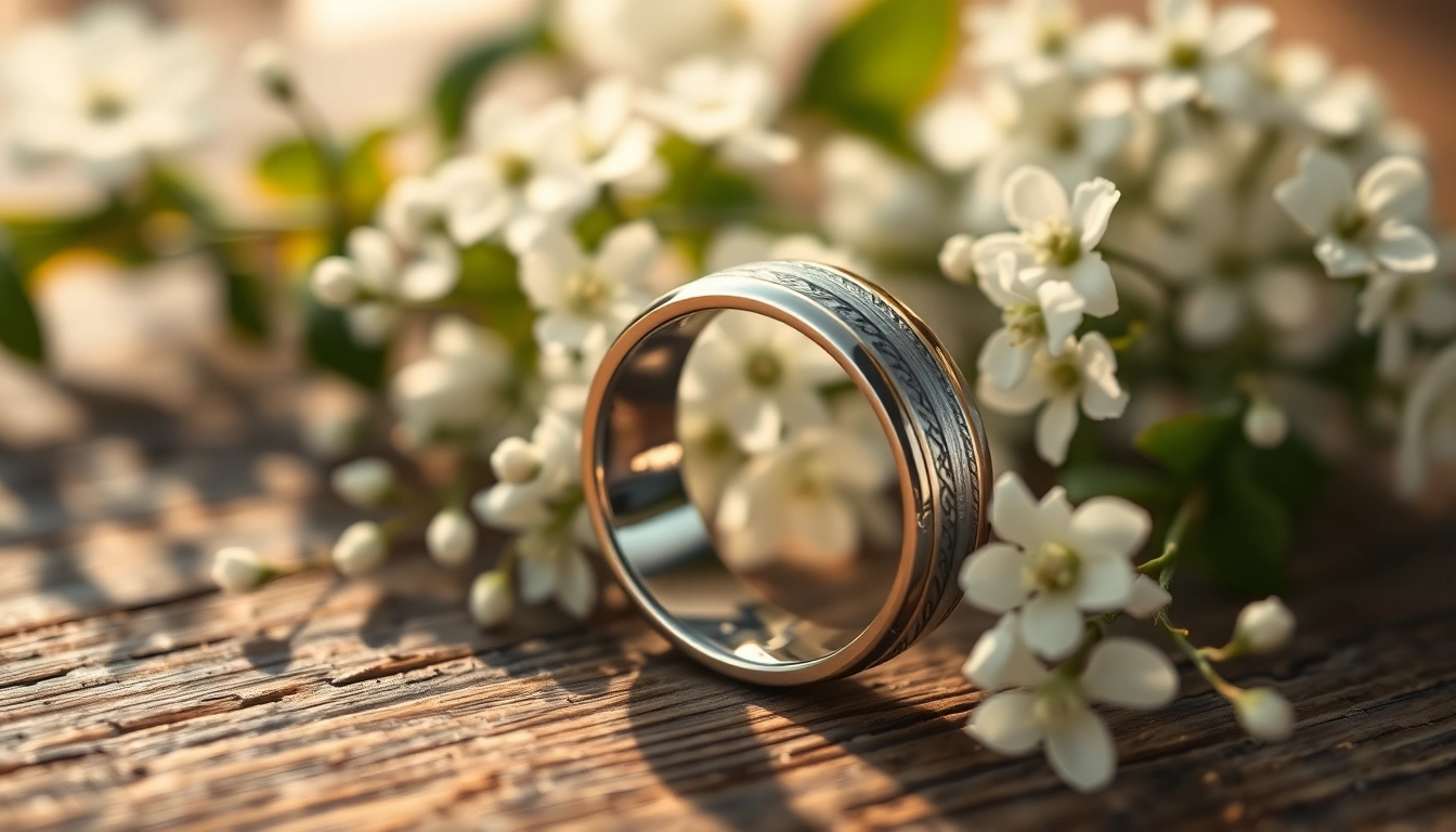Showcasing tungsten wedding bands with floral accents and natural lighting for a romantic look.