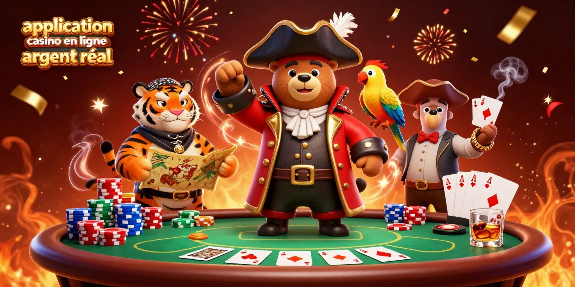 Application casino en ligne argent réel : illustration d'un ours pirate et un tigre autour d'une table de poker
