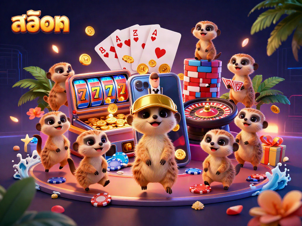 Engage with สล็อต themed fun while meerkats run a dynamic casino operation featuring spinning reels and golden coins!