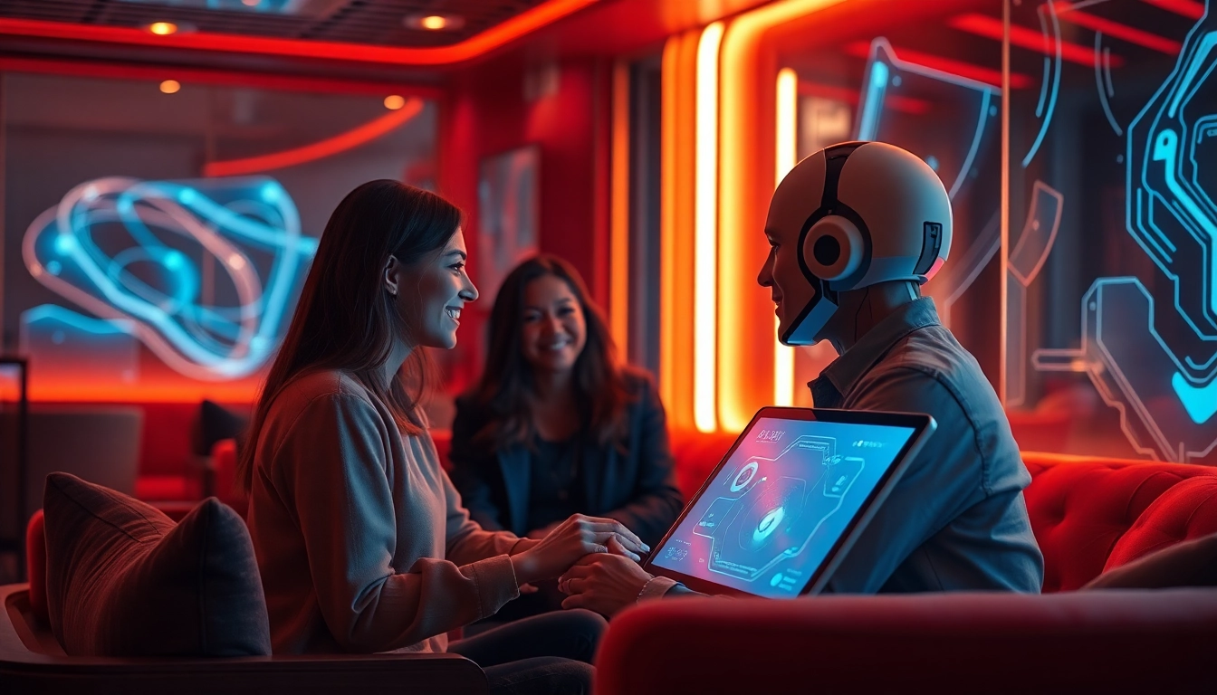 AI sex technology interaction in a cozy futuristic lounge setting.