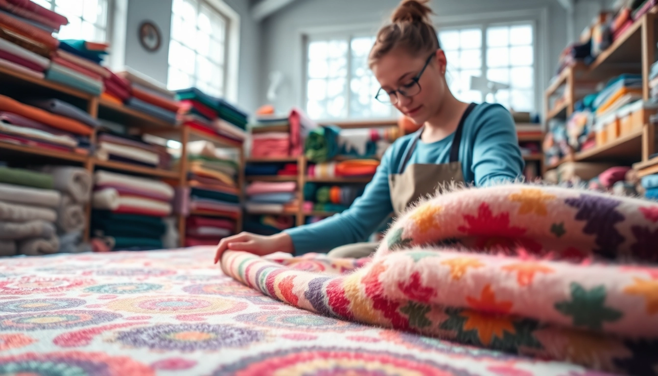Gedessineerde fleece stoffen in diverse kleuren en texturen op een werkbank van een textielkunstenaar.