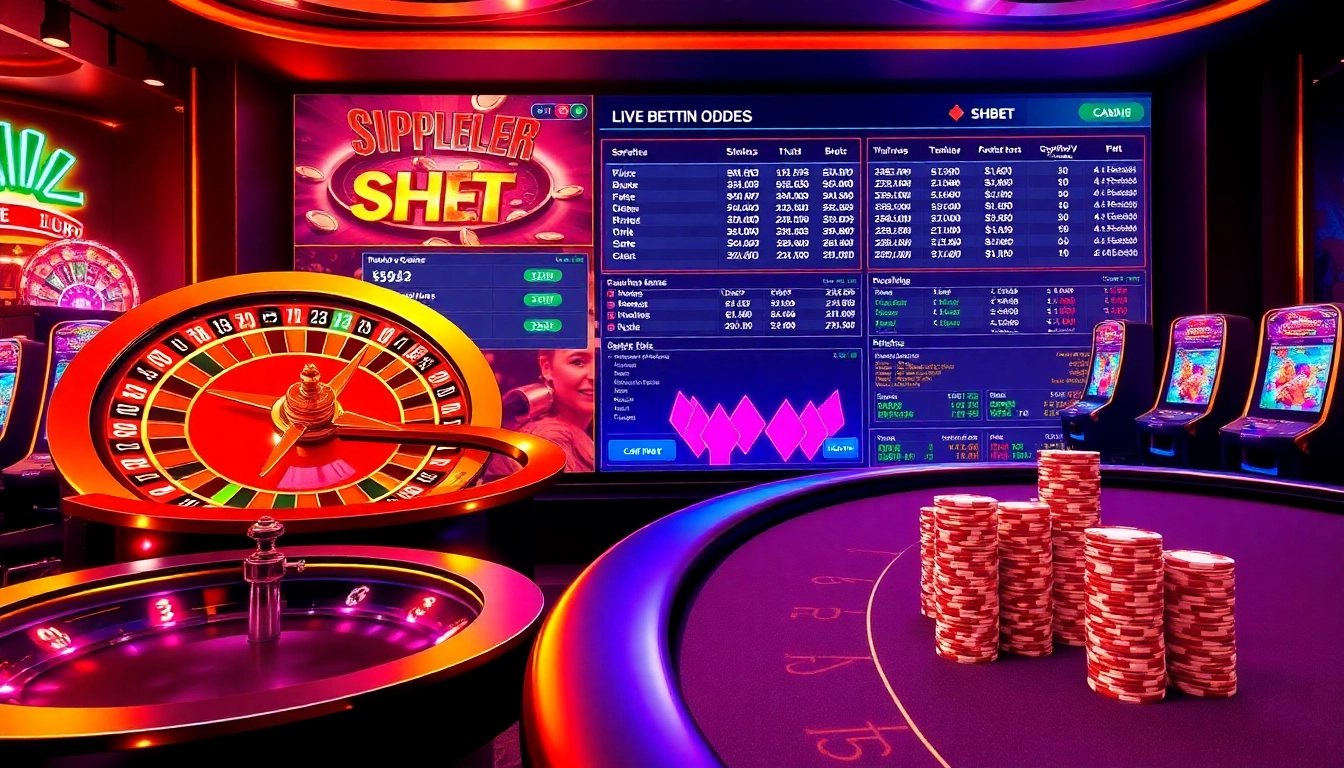 Experience the thrill of SHBET with a high-tech casino scene showcasing roulette, poker, and vibrant slots.