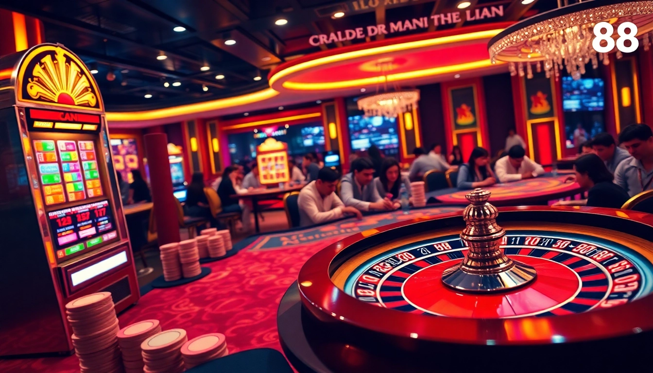 Tautan MABAR88 ditampilkan pada mesin slot ramping, dikelilingi oleh pemain yang antusias dan elemen kasino yang hidup.