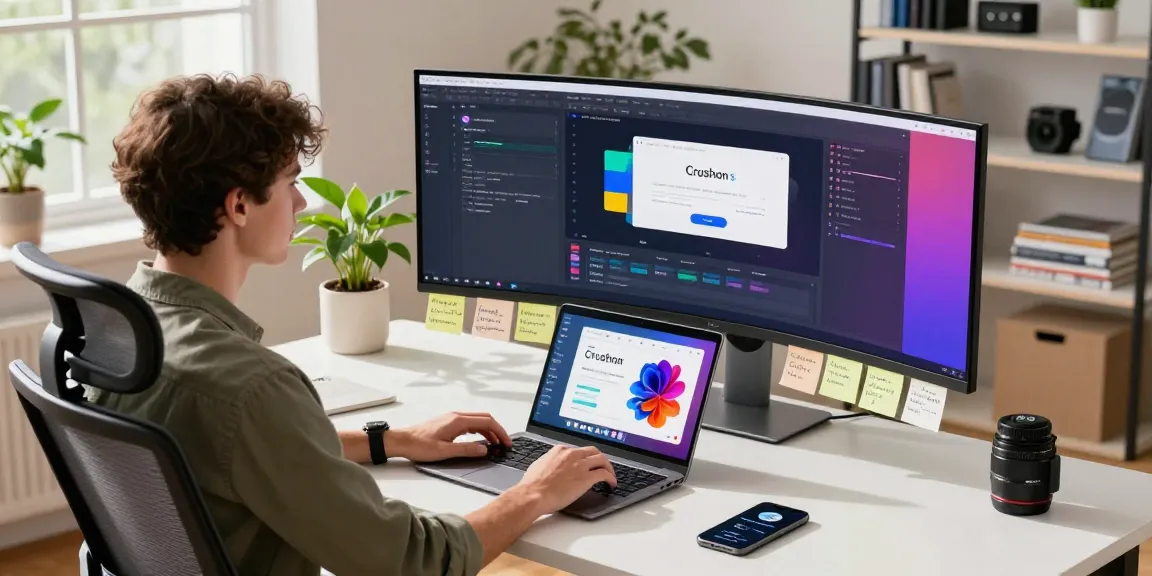 Developer working on Crushon application in a modern office setting, vibrant programming screens.