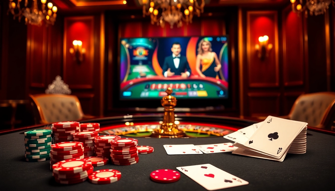 Découvrez l'excitation du casino en ligne Français avec des jetons de poker vibrants et une roue de roulette tournante.