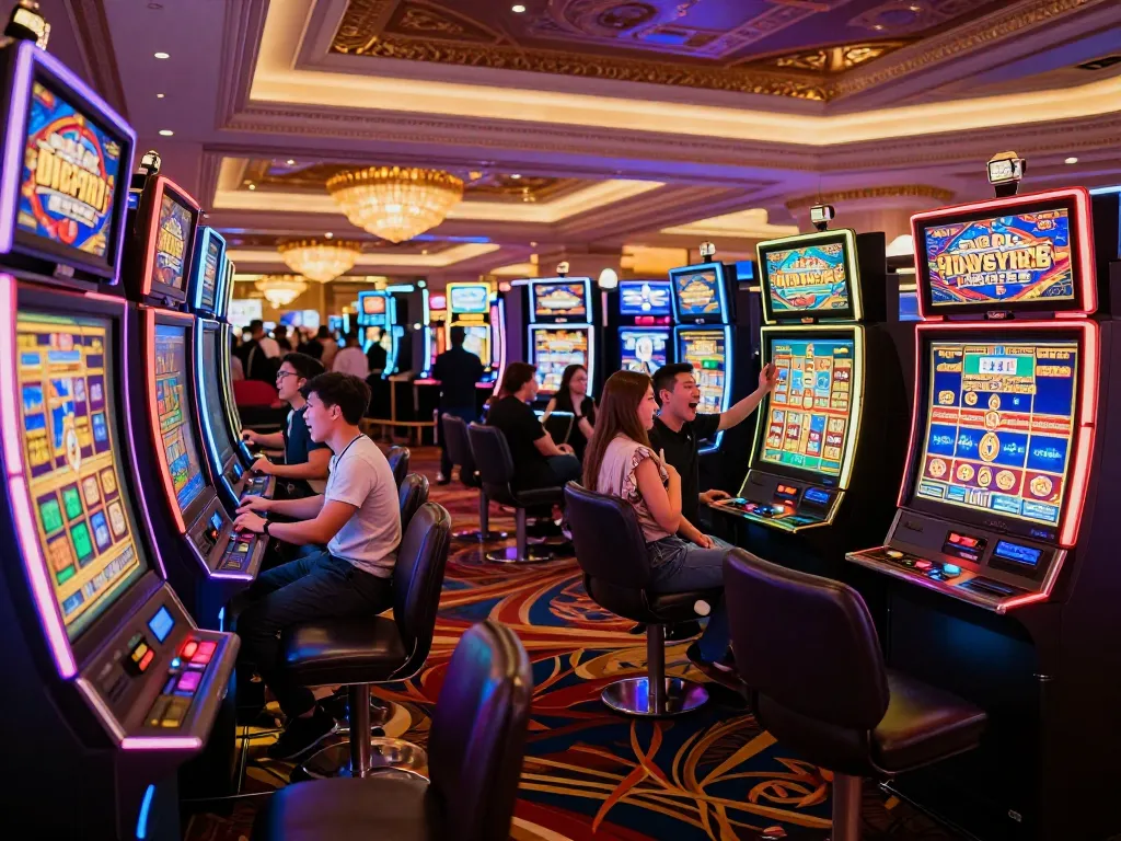 Pemain yang bersemangat menikmati mesin slot Paris888 di tengah cahaya kasino yang cerah dan suasana yang mendebarkan.