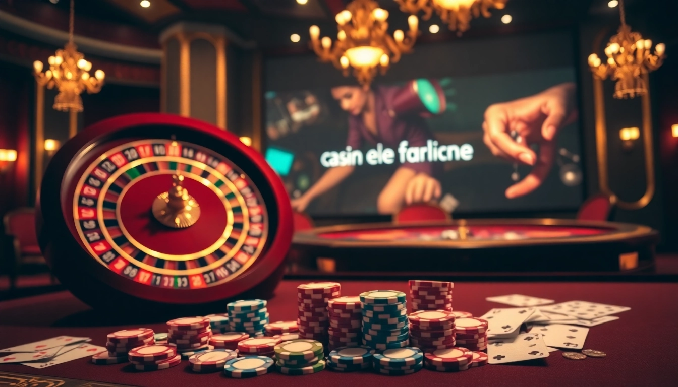 Une scène palpitante de jeux de casino met en avant des moments passionnants dans le casino en ligne français avec des jetons de poker et des cartes en vedette.