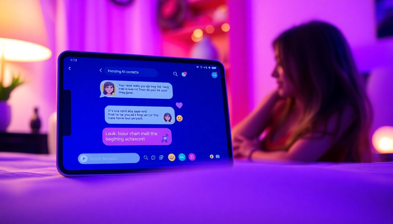 Dynamic visual of sex chat AI conversation on a digital device with an inviting atmosphere.