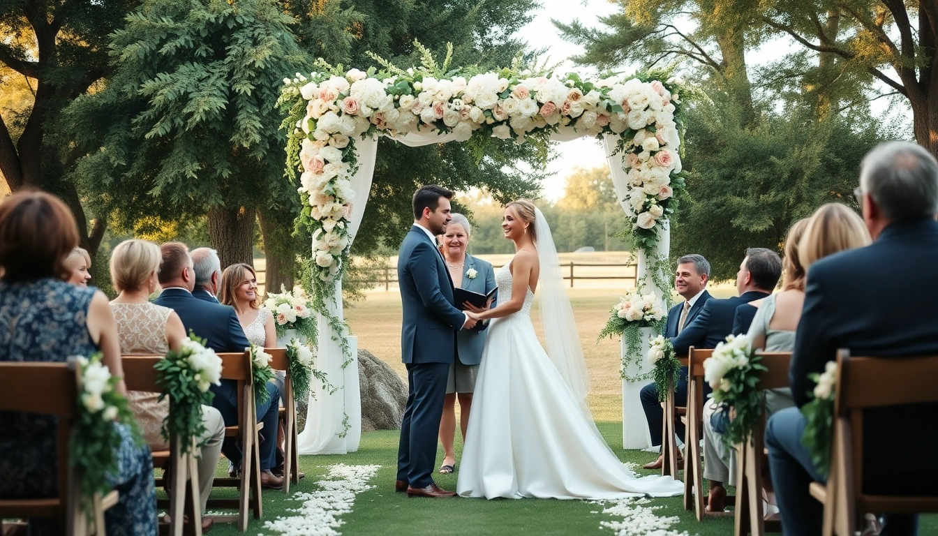 Beautiful wedding ceremony in Clarksburg ca weddings with floral arch and greenery ambiance.