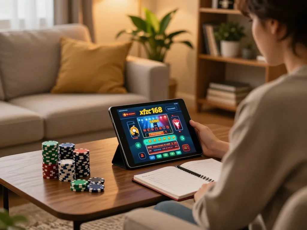 Engaging in online betting at xfzc168 with a cozy home setup and poker chips.