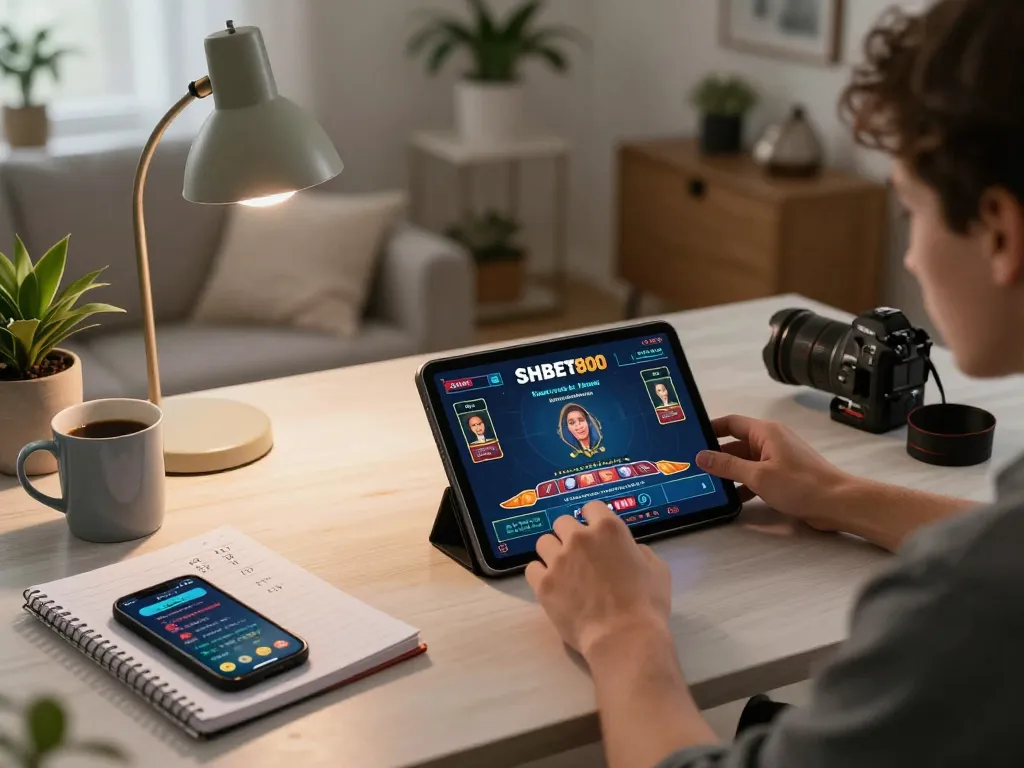 Engaging scene of a player enjoying SHBET800 online table games, showcasing the cozy home gaming experience.