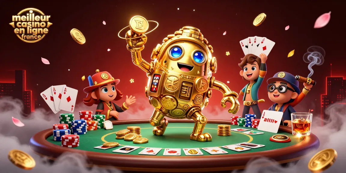 Illustration dynamique du meilleur casino en ligne France, mettant en avant un golem en or et des éléments de poker.