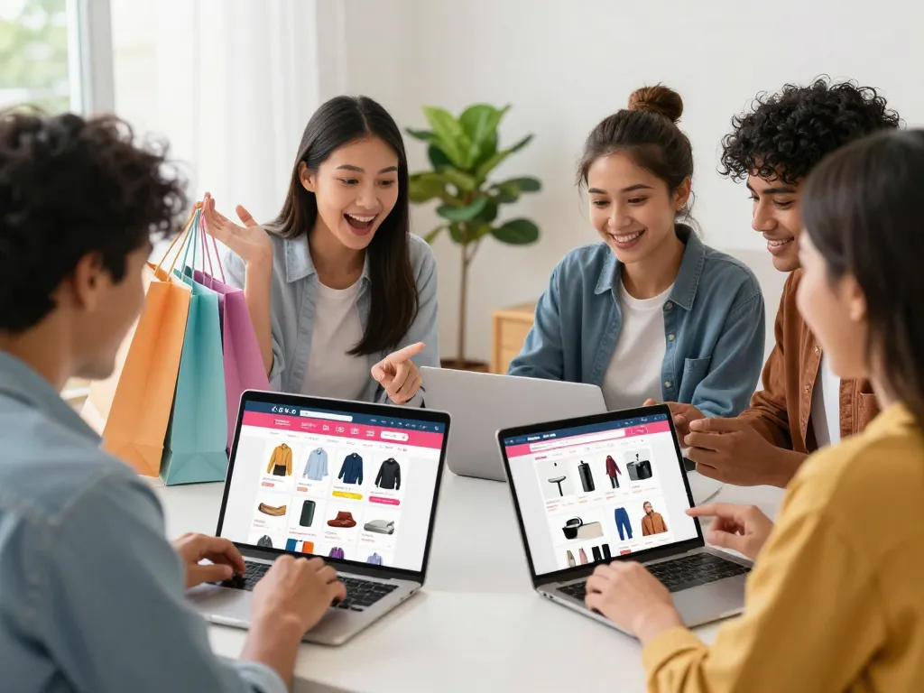 Engaging online shopping scene at https://hubet88.icu/ with diverse shoppers excitedly browsing discounts and new products.