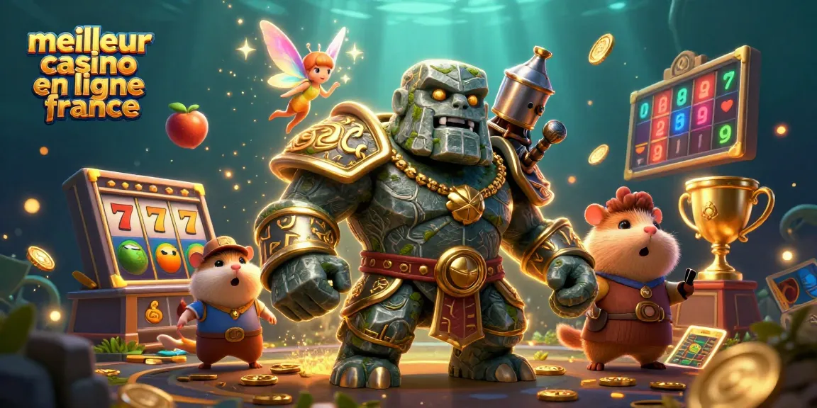 Illustration dynamique sur le meilleur casino en ligne en France avec un golem et un hamster chevalier.