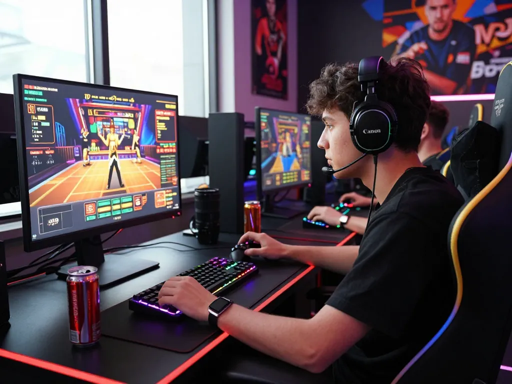 Engaged gamer playing go88 online casino game with vibrant graphics in a modern gaming setup.