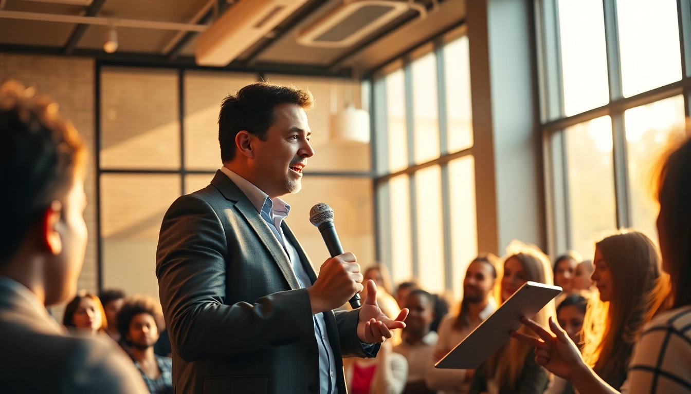 Engaging scene of a speaker presenting from the Best Public Speaking Books in a vibrant conference room.