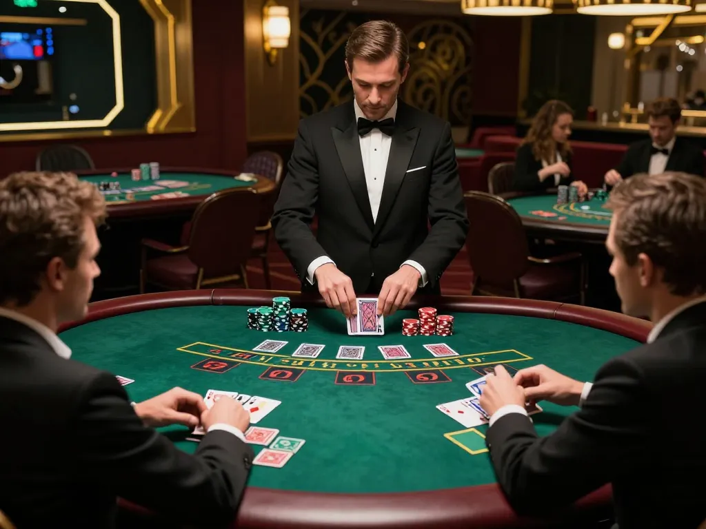 C168 nhà cái players strategizing during an elegant blackjack game in a high-end casino.
