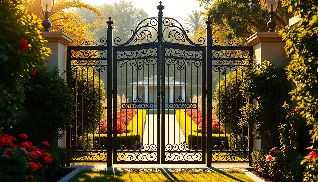 Custom steel gates showcased beautifully in a luxurious garden setting.