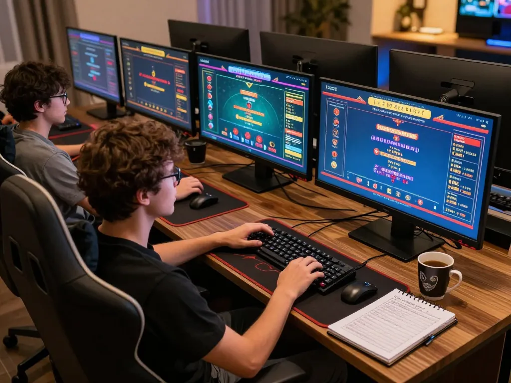Engaged player analyzing F168 live dealer game strategy on multiple screens during an online gaming session.