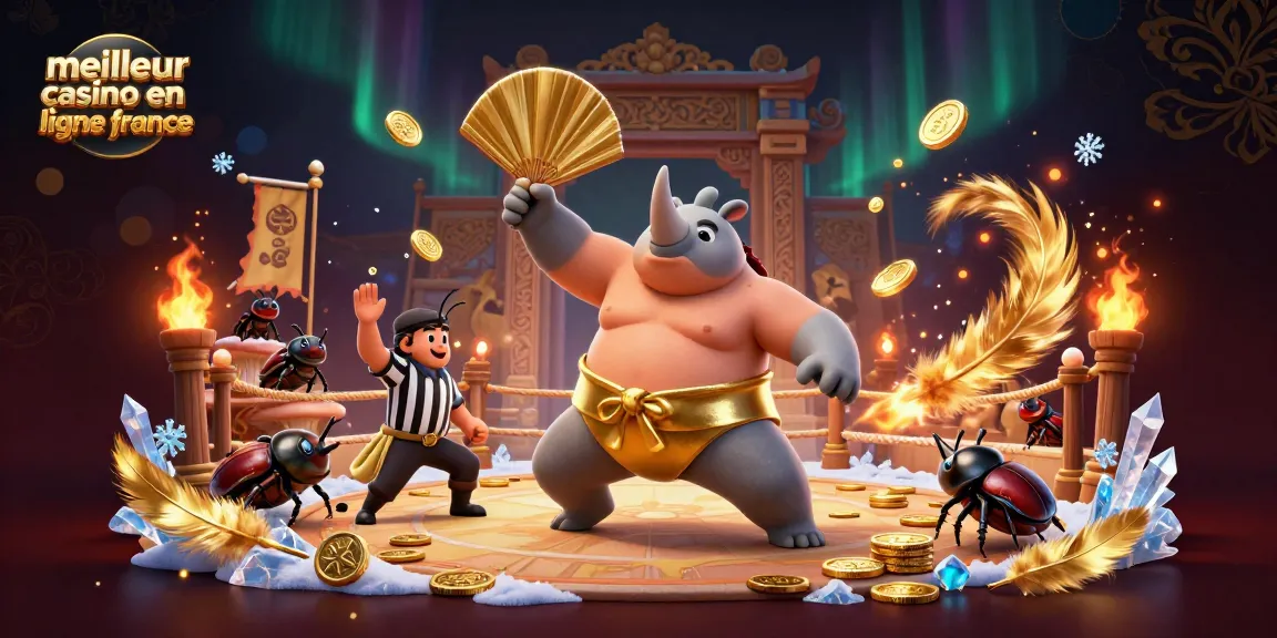 Illustration dynamique d'un champion sumo scarabée avec des pièces d'or volantes, représentant le meilleur casino en ligne France.