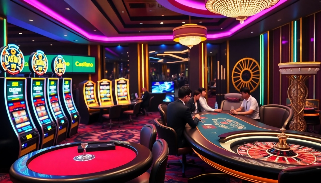 Scène engageante de casino en ligne argent réel France montrant des joueurs à une table avec des machines à sous vibrantes.