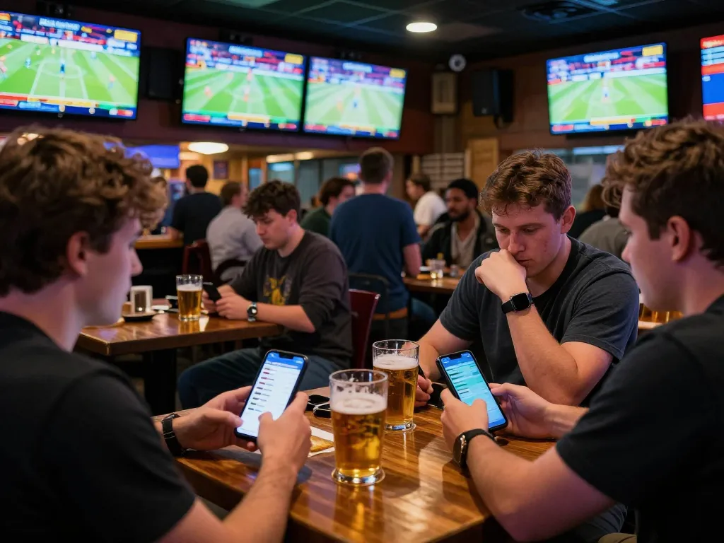 Players engaging in exciting sports betting on mobile apps at a lively bar atmosphere focused on w 88.